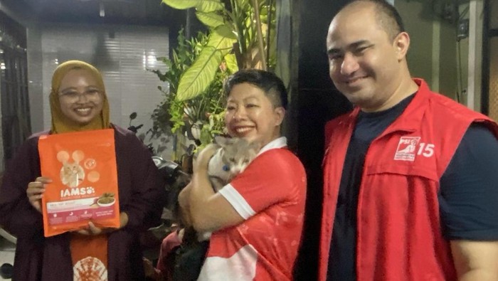 Anggota Komisi B DPRD DKI Jakarta Fraksi PSI Francine Widjojo memberikan bantuan makanan untuk kucing-kucing korban banjir di kawasan Jakarta Selatan. (dok.ist)