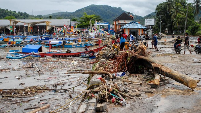 Batang pohon terdampar pascabanjir bandang di Dramaga 1 Pelabuhan Ratu, Kecamatan Pelabuhan Ratu, Kabupaten Sukabumi, Jawa Barat, Jumat (7/3/2025). Hujan dengan intensitas tinggi yang mengguyur Pelabuhan Ratu, Sukabumi pada Kamis (6/3/2025) mengakibatkan meluapnya Sungai Cipalabuhan hingga ke Pantai Pelabuhan. ANTARA FOTO/Angga/Arf/rwa.