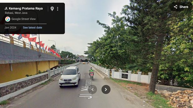 Jalan di dekat jembatan Kemang Pratama, Kota Bekasi, Jawa Barat tahun 2020 (Google Maps)