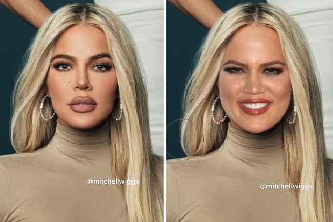 Melalui editan foto ini, Michell Wiggs berusaha ‘mengembalikan’ dan mengingatkan netizen akan wajah lama Khloé. Di kolom komentar, netizen menyebut Khloe adalah salah satu yang paling berubah.Foto: Dok. TikTok @mitchellwiggs