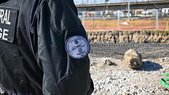 An unexploded bomb dating back to World War Two discovered near train tracks, lies on the ground, in Saint-Denis, France March 7, 2025. X account 