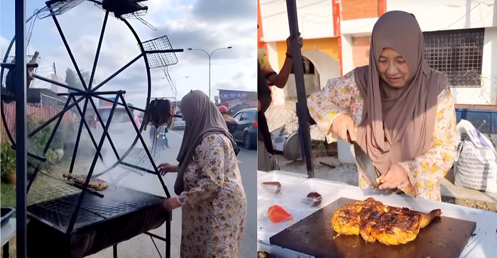 penjual ayam panggang unik pakai pemanggang mirip kincir ria