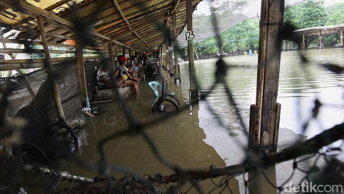 Para pemancing menunggu banjir surut di kolam pemancingan Galapung Kartika, Ciledug, Kota Tangerang, Banten, Minggu (9/3/2025).