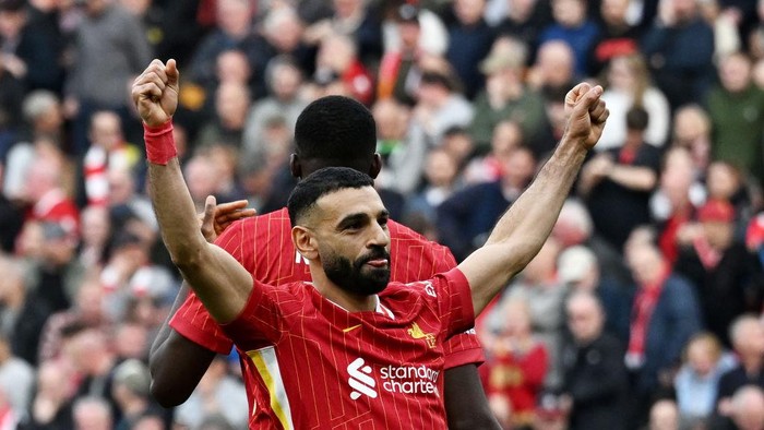 LIVERPOOL, ENGLAND - MARCH 08: (SUN OUT, SUN ON SUNDAY OUT) Mohamed Salah of Liverpool celebrates scoring his teams third goal during the Premier League match between Liverpool FC and Southampton FC at Anfield on March 08, 2025 in Liverpool, England. (Photo by Liverpool FC/Liverpool FC via Getty Images)
