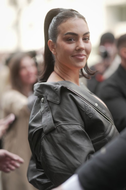 PARIS, FRANCE - MARCH 08: Georgina Rodriguez wears a black leather jacket and a corset during the Womenswear Fall/Winter 2025/2026 as part of Paris Fashion Week on March 08, 2025 in Paris, France. (Photo by 305pics/GCImages)
