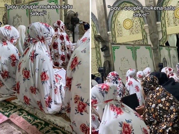 Aksi emak-emak pakai mukena seragam saat salat tarawih