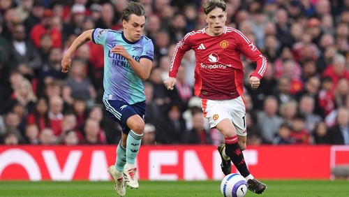 Manchester Uniteds Alejandro Garnacho (right) and Arsenals Leandro Trossard battle for the ball during the Premier League match at Old Trafford, Manchester. Picture date: Sunday March 9, 2025. (Photo by Martin Rickett/PA Images via Getty Images)
