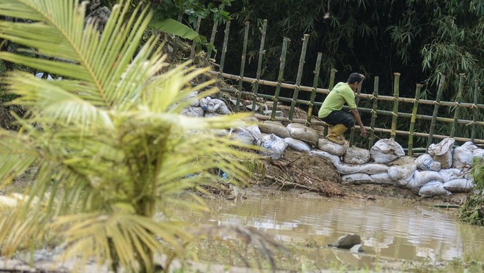 Antisipasi Banjir, Warga Cikaobandung Bikin Tanggul Sementara Warga memasang bambu dan pasir penahan di bantaran Sungai Cinangka di Cikaobandung, Purwakarta, Jawa Barat, Senin (10/3/2025). Warga bersama aparatur desa mulai membuat tanggul sementara menggantikan tanggul sepanjang 30 meter yang jebol untuk mengantisipasi terjadinya banjir luapan susulan saat intensitas hujan tinggi. ANTARA FOTO/Novrian Arbi/rwa.