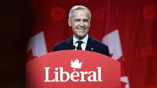 Canadas Liberal Leader and Prime Minister-elect Mark Carney speaks after being elected as the new Liberal Party leader, in Ottawa on March 9, 2025. Canadas Liberal Party overwhelmingly elected Mark Carney as its new leader and the countrys next prime minister on March 9, 2025, tasking the former central banker with helming Ottawas response to threats from US President Donald Trump. (Photo by Dave Chan / AFP)