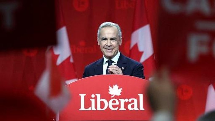 Canadas Liberal Leader and Prime Minister-elect Mark Carney speaks after being elected as the new Liberal Party leader, in Ottawa on March 9, 2025. Canadas Liberal Party overwhelmingly elected Mark Carney as its new leader and the countrys next prime minister on March 9, 2025, tasking the former central banker with helming Ottawas response to threats from US President Donald Trump. (Photo by Dave Chan / AFP)