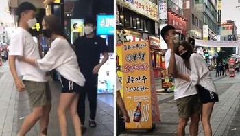 Orang ini bikin konten asal peluk dan pegang laki-laki di Korea. Mereka terlihat tidak nyaman. Foto: kimmismitten via Bored Panda