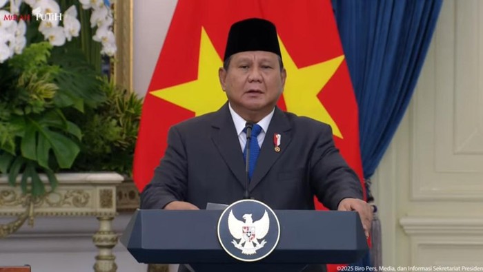 Presiden Prabowo Subianto usai bertemu dengan Sekretaris Jenderal (Sekjen) Partai Komunis Vietnam (PKV) Yang Mulia To Lam (screenshot YouTube Setpres)