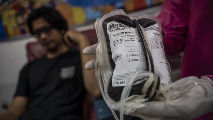 Petugas PMI (kanan) memasangkan jarum suntik saat melakukan transfusi darah pendonor di Unit Donor Darah (UDD) PMI Kota Semarang, Semarang, Jawa Tengah, Senin (10/3/2025). PMI Kota Semarang menargetkan pengumpulan sebanyak 100-200 kantong darah per hari selama Ramadhan 1446 Hijriah dengan tujuan memastikan ketersediaan stok darah tetap terjaga mengingat biasanya jumlah pendonor menurun selama bulan puasa. ANTARA FOTO/Aprillio Akbar/tom.