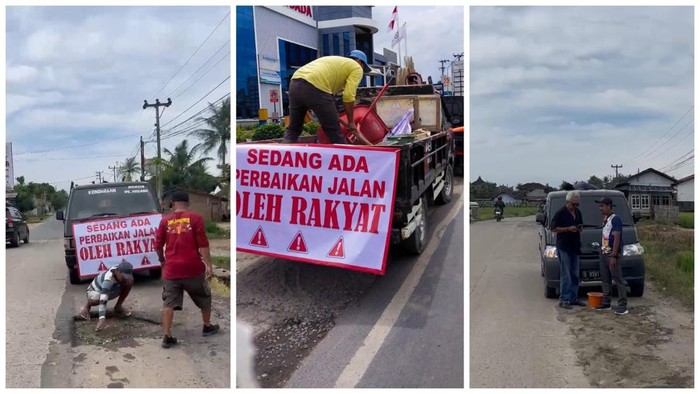 Warga Pringsewu perbaiki jalan pakai dana urunan.