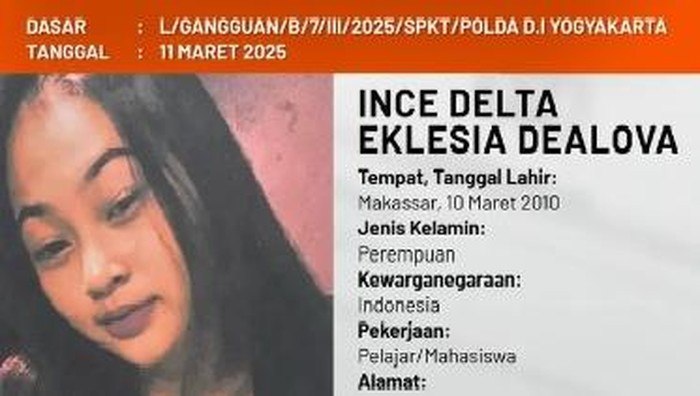 Informasi orang hilang asal Sleman atas nama Ince Delta Dealova. Foto diunggah Selasa (11/3/2025).