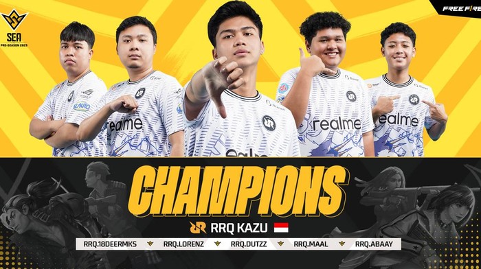 Salah satu tim esports yang berasal dari Indonesia, RRQ Kazu, menjadi juara Free Fire World Series Southeast Asia (FFWS SEA) Pre Season 2025 mode battle royale. Gelar ini mereka dapatkan setelah tampil gemilang di babak grand final, dengan mengantongi booyah di ronde keenam.