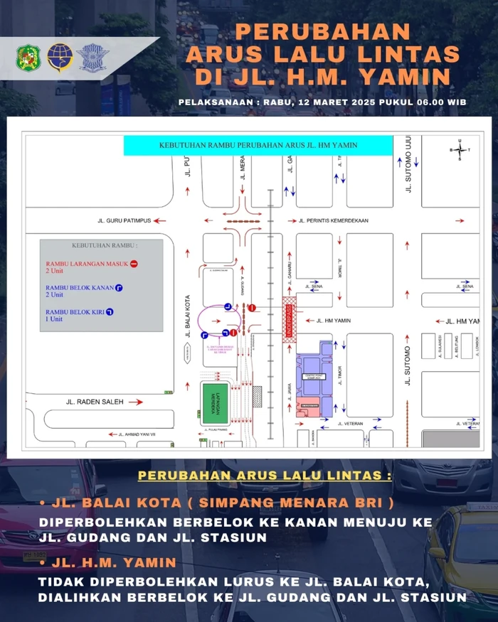 Keterangan foto: Denah perubahan arus lalu lintas di Jalan HM Yamin, Kota Medan (Instagram @dishub_medan)