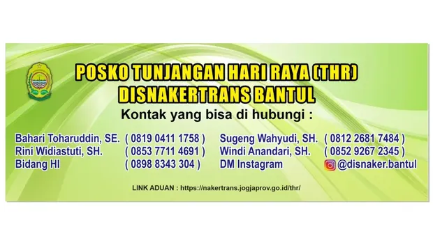 Pemberitahuan pembukaan posko pengaduan THR di Disnakertrans Bantul.