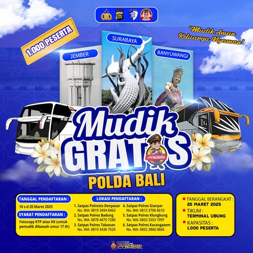 Poster Mudik Gratis oleh Polda Bali, Rabu (12/3/2025). (Dok Polda Bali).