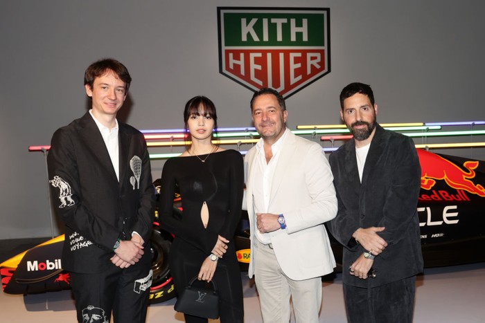 MIAMI, FLORIDA - MAY 03: (L-R) Frédéric Arnault, Lisa Manobal, Julien Tornare and Ronnie Fieg attends the TAG Heuer Formula 1 Kith Launch Celebration at Rubell Museum on May 03, 2024 in Miami, Florida.  (Photo by John Parra/Getty Images for TAG Heuer )
