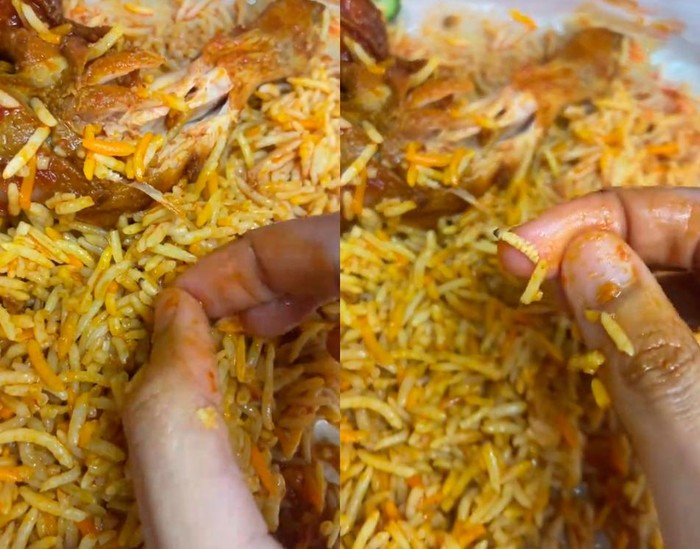 nasi briyani berisikan ulat di dalamnya