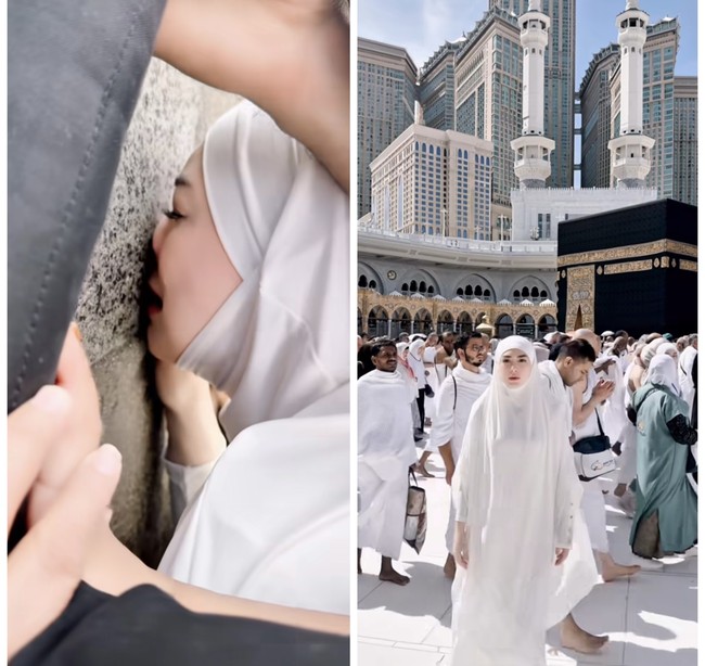 Pemain film Hantu Bangku Kosong ini memperlihatkan saat dirinya berada di depan Ka’bah. Ketika berhasil mencium Ka’bah, ia pun langsung menangis. Foto: Dok. Instagram @celine_evangelista.