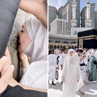 Pemain film Hantu Bangku Kosong ini memperlihatkan saat dirinya berada di depan Ka’bah. Ketika berhasil mencium Ka’bah, ia pun langsung menangis. Foto: Dok. Instagram @celine_evangelista.