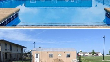 Kolam renang yang luas ternyata berisi gundukan pasir. Foto: Boredpanda