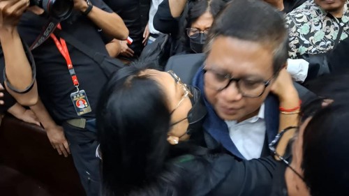 Hasto peluk istri usai sidang perdana kasusnya selesai (Anggi/detikcom)