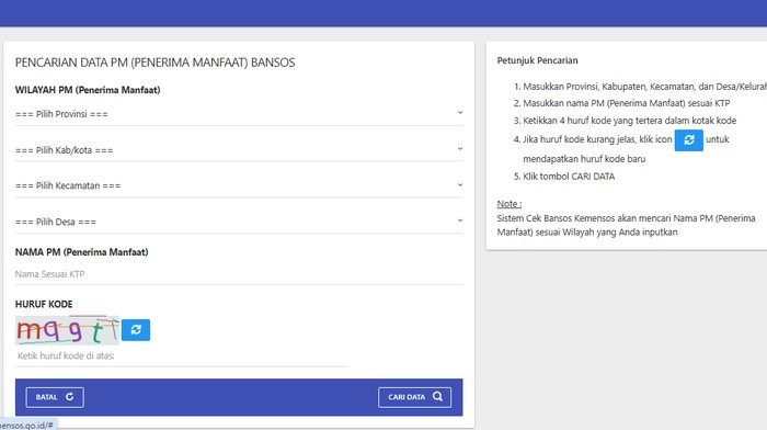 Laman cekbansos.kemensos.go.id untuk cek penerima bansos.