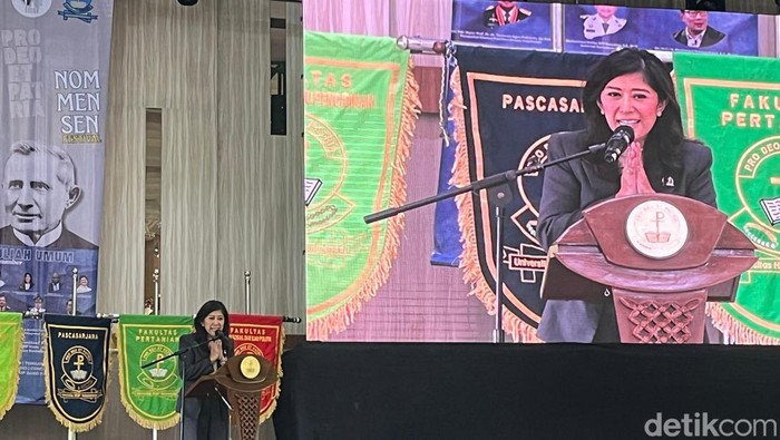 Meutya Hafid saat memberikan kuliah umum di salah satu universitas di Kota Medan. (Finta Rahyuni/detikSumut)