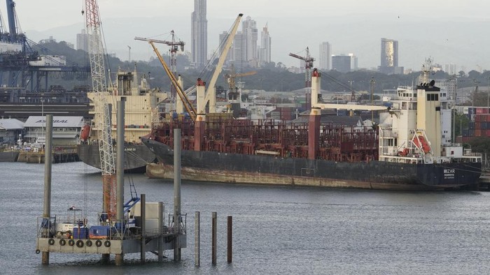A cargo ship sails under Las Americas bridge through the Panama Canal, in Panama City, Thursday, March 13, 2025. (AP Photo/Matias Delacroix)