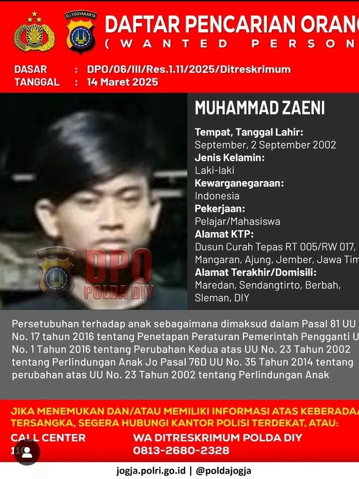 Foto Muhammad Zaeni yang diposting akun Instagram Polda DIY. Zaeni diburu usai melakukan pencabulan terhadap anak. Foto diunggah Jumat (14/3/2025).