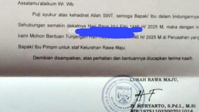 Surat Lurah Rawa Maju, Banyuasin, meminta THR ke paguyuban tahu/tempe