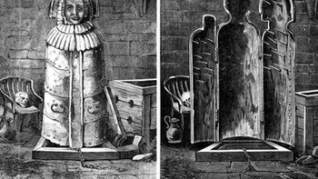 The Iron Maiden berasal dari Abad Pertengahan. Alat ini ialah lemari besi berengsel, yang dipasangkan banyak paku di bagian dalamnya. Para korban dipaksa masuk ke dalam, menderita kematian yang lambat dan menyakitkan ketika duri-duri itu menusuk daging mereka. Tetapi memang belum ada bukti penggunaan perangkat ini. Foto: Unwired.