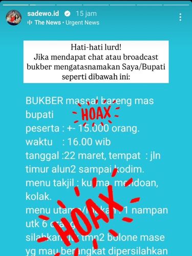 Informasi hoaks ajakan bukber dengan Bupati Sadewo yang dinarasikan akan digelar tanggal 22 Maret 2025. Foto diunggah Sabtu (15/3/2025).