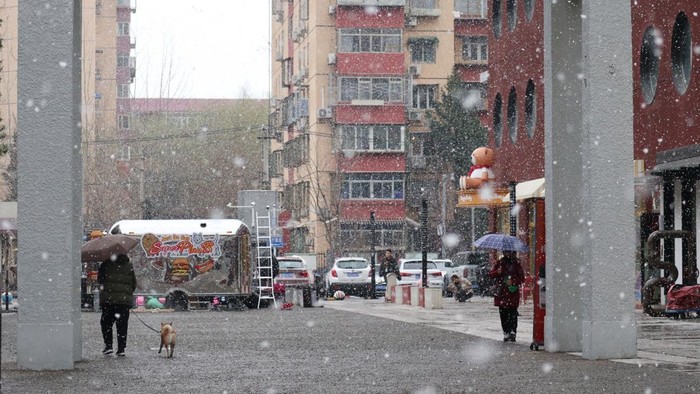 Warga berjalan saat hujan salju yang terjadi pada awal musim semi di Beijing, China pada Sabtu (15/03/2025). Observatorium Meteorologi Beijing mengumumkan bahwa kota Beijing mengalami penurunan suhu tajam di beberapa wilayah sehingga terjadi perubahan cuaca dari hujan menjadi salju dengan suhu berkisar 6 derajat pada siang hari hingga minus 2 derajat Celcius pada malam hari. ANTARA FOTO/Desca Lidya Natalia/foc.