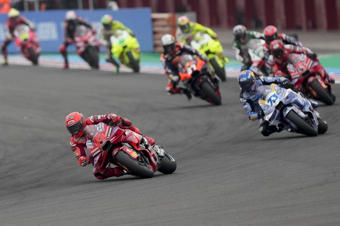 Spains Marc Marquez of Ducati Lenovo Team leads the MotoGP sprint race in Termas de Rio Hondo, Argentina, Saturday, March 15, 2025. (AP Photo/Gustavo Garello)