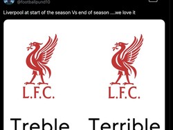 Setelah kandas di Liga Champions dan Carabao Cup dalam hitungan hari, asa treble Liverpool juga sirna. Malah kini diledek jadi terrible! Foto: dok. Internet/X (Twitter)