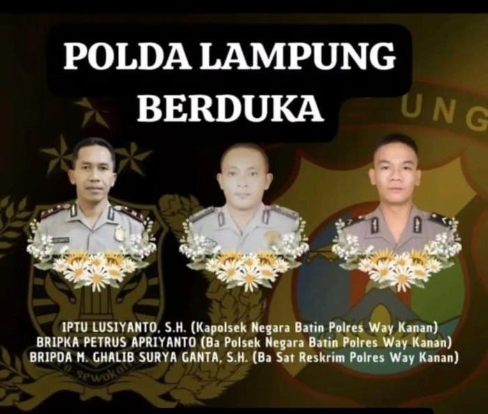 Tiga anggota polisi di Lampung gugur ditembak saat gerebek tempat judi sabung ayam