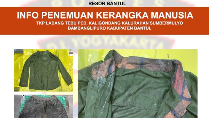 Ciri-ciri pakaian yang menempel pada kerangka manusia di ladang tebu, Kaligondang, Sumbermulyo, Bambanglipuro, Bantul, Senin (17/3/2025).