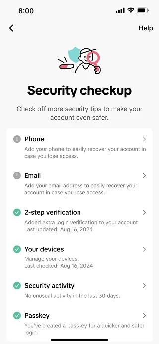 Tampilan alat keamanan TikTok, Security Cheeckup