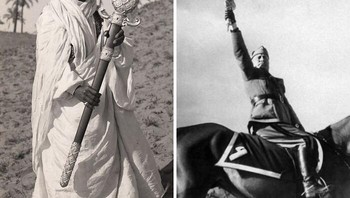 Pedang seremonial, yang dipesan oleh Mussolini pada tahun 1937 dan dibuat oleh Picchiani e Barlacchi, diberikan kepadanya oleh kolaborator Berber di Libya Italia. Pedang itu hilang setelah Juli 1943, ketika kediaman Mussolini, Rocca delle Caminate, dihancurkan dan dijarah oleh Perlawanan Italia. Foto: Boredpanda