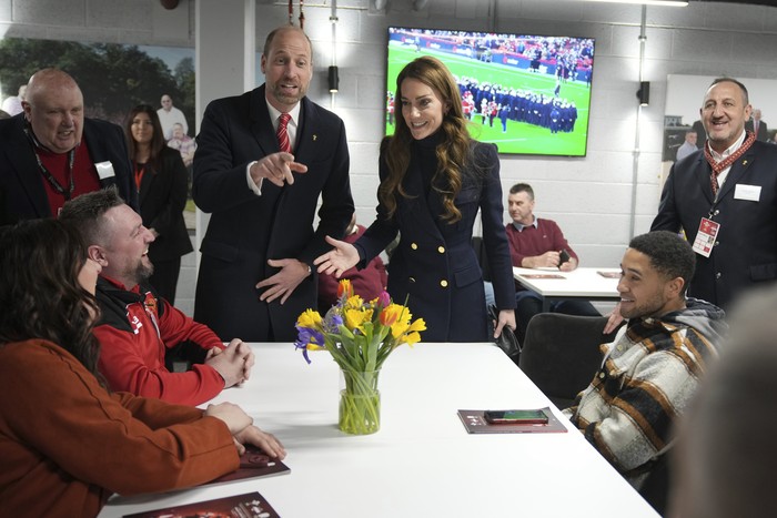 Britains Prince William, Patron of the Welsh Rugby Union (WRU), and Kate, the Princess of Wales, Patron of the Rugby Football Union (RFU), meet injured players who are supported by the Welsh Rugby Charitable Trust as they attend the Wales versus England Six Nations match at the Principality Stadium in Cardiff, Saturday, March 15, 2025.(AP Photo/Alastair Grant, Pool)