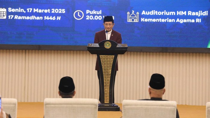 Menag Nasaruddin Umar dalam acara Peringatan Nuzulul Qur’an Tingkat Kenegaraan 1446 H, di Kantor Kemenag, Jakarta, Senin (17/3/2025) malam.