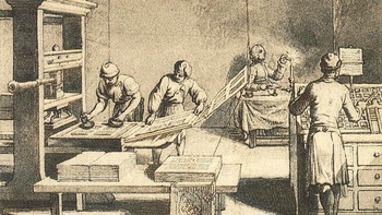 Mesin cetak: Penemuan mesin cetak oleh Johannes Gutenberg abad ke-15 merevolusi cara informasi disebarluaskan, dibagikan, dan dilestarikan. Mesin cetak memungkinkan produksi massal buku, pamflet, dan materi cetak lainnya, sehingga memungkinkan untuk menghasilkan banyak salinan dengan cepat dan murah. Mesin cetak memungkinkan standarisasi bahasa tulis, sehingga memudahkan komunikasi lintas wilayah dan bahasa. Hal ini membantu mendorong rasa budaya dan identitas bersama, serta memfasilitasi pertumbuhan perdagangan dan perniagaan. Foto: Wikipedia