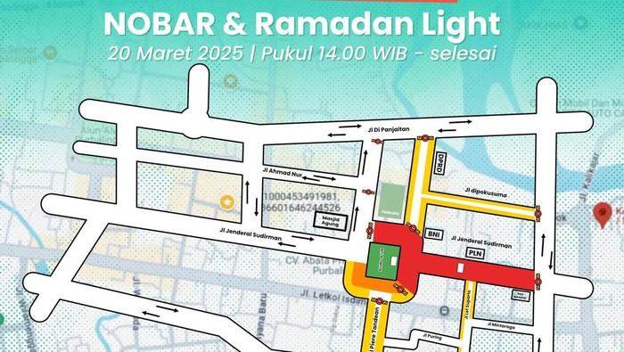 Informasi rekayasa arus lalu lintas pada saat acara nobar dan dilanjutkan dengan Festival Ramadan Light di Alun-alun Purbalingga, Kamis (20/3/2025.