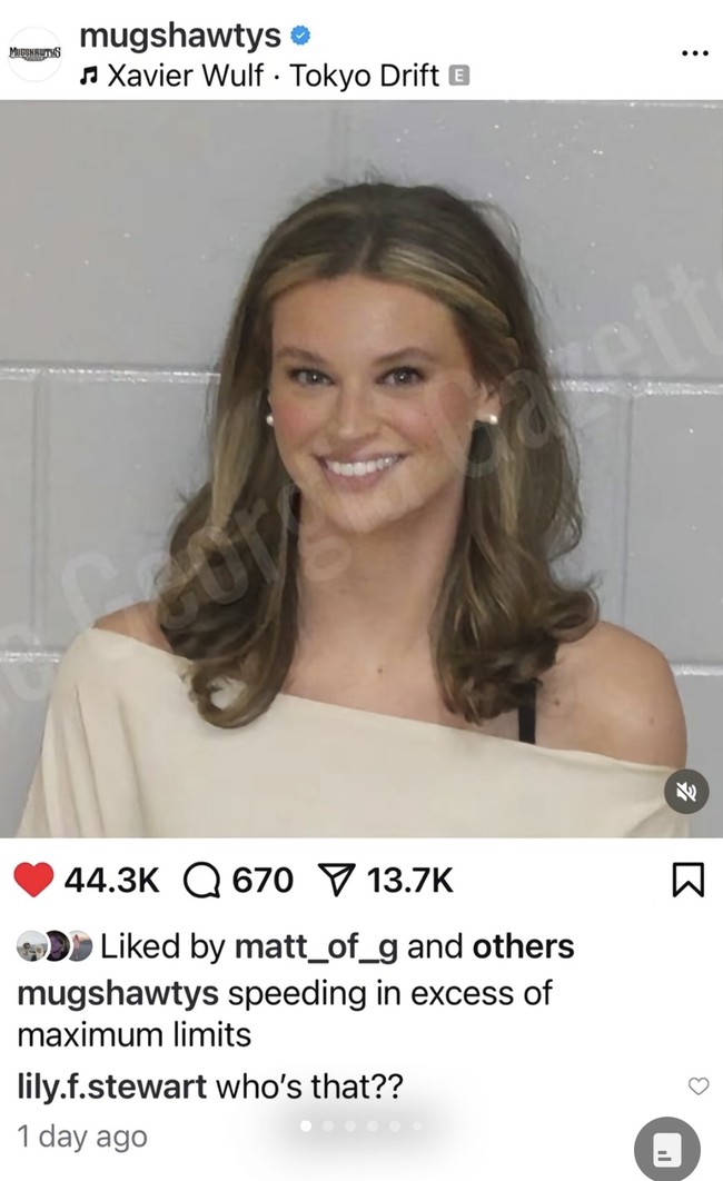 Lily Stewart jadi terkenal dalam semalam setelah ditangkap polisi beberapa waktu lalu. Foto ‘mugshot’ cantiknya yang dimuat di situs kepolisian negara bagian Georgia diunggah ulang oleh akun Instagram @mugshawty yang membuatnya viral.Foto: Dok Instagram Lily Stewart