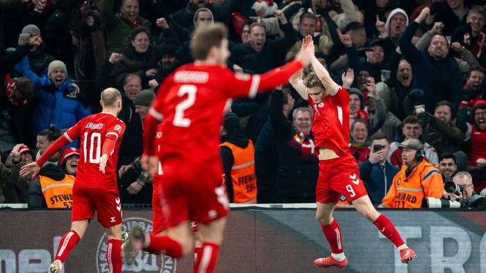 COPENHAGEN, DENMARK - MARCH 20: Rasmus Hojlund of Denmark celebrates after scoring a goal for 1:0 during the UEFA Nations League quarterfinal leg one match between Denmark and Portugal at Parken Stadium on March 20, 2025 in Copenhagen, Denmark. (Photo by Mateusz Slodkowski/Getty Images)