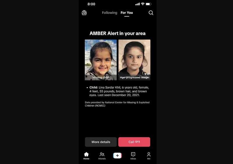 Tampilan Fitur AMBER Aler di TikTok